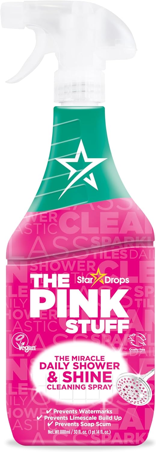 The Pink Stuff Miracle Daily Shower & Shine Spray – 30oz Bathroom Cleaner For Glass, Tile, Mirrors & Chrome – Prevents Soap Scum & Watermarks – No Rinse Spray & Leave Formula
